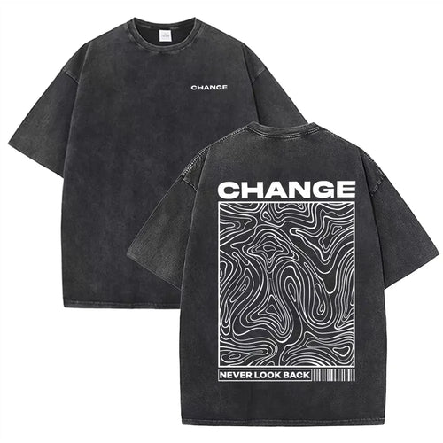 "CHANGE" Topographic Line Art Print Vintage Washed Beige Casual Graphic T Shirt