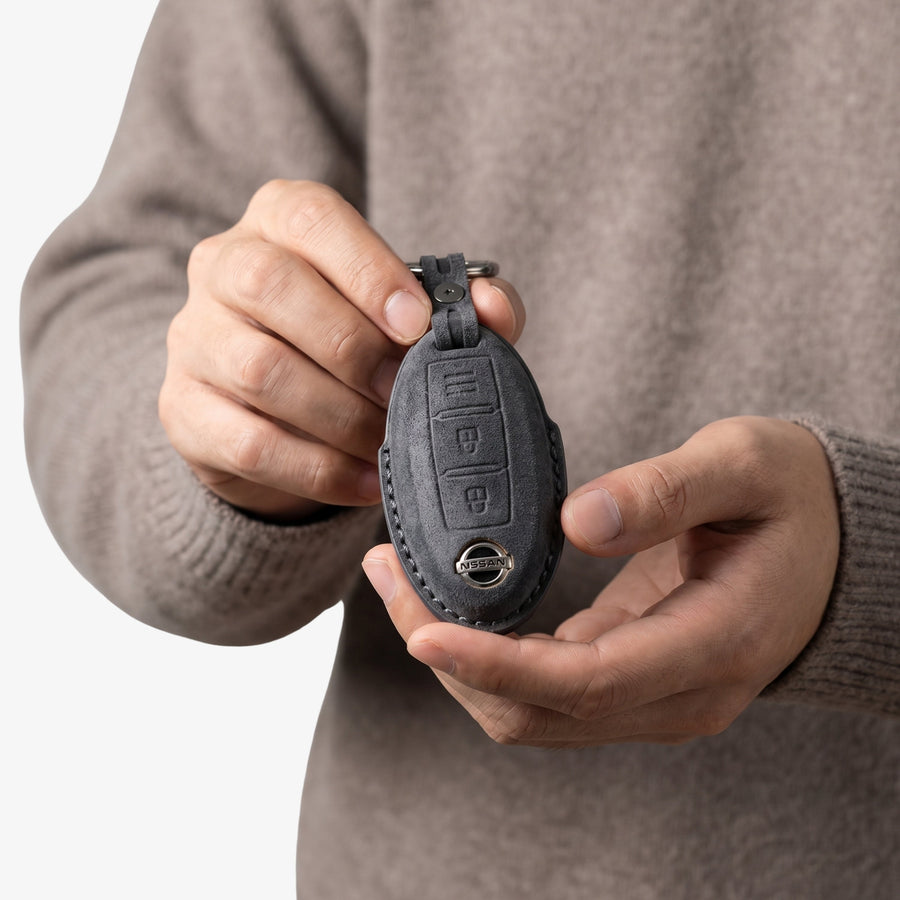 Alcantara Car Key Fob Cover for Nissan Model A with Buckle - Space Grey