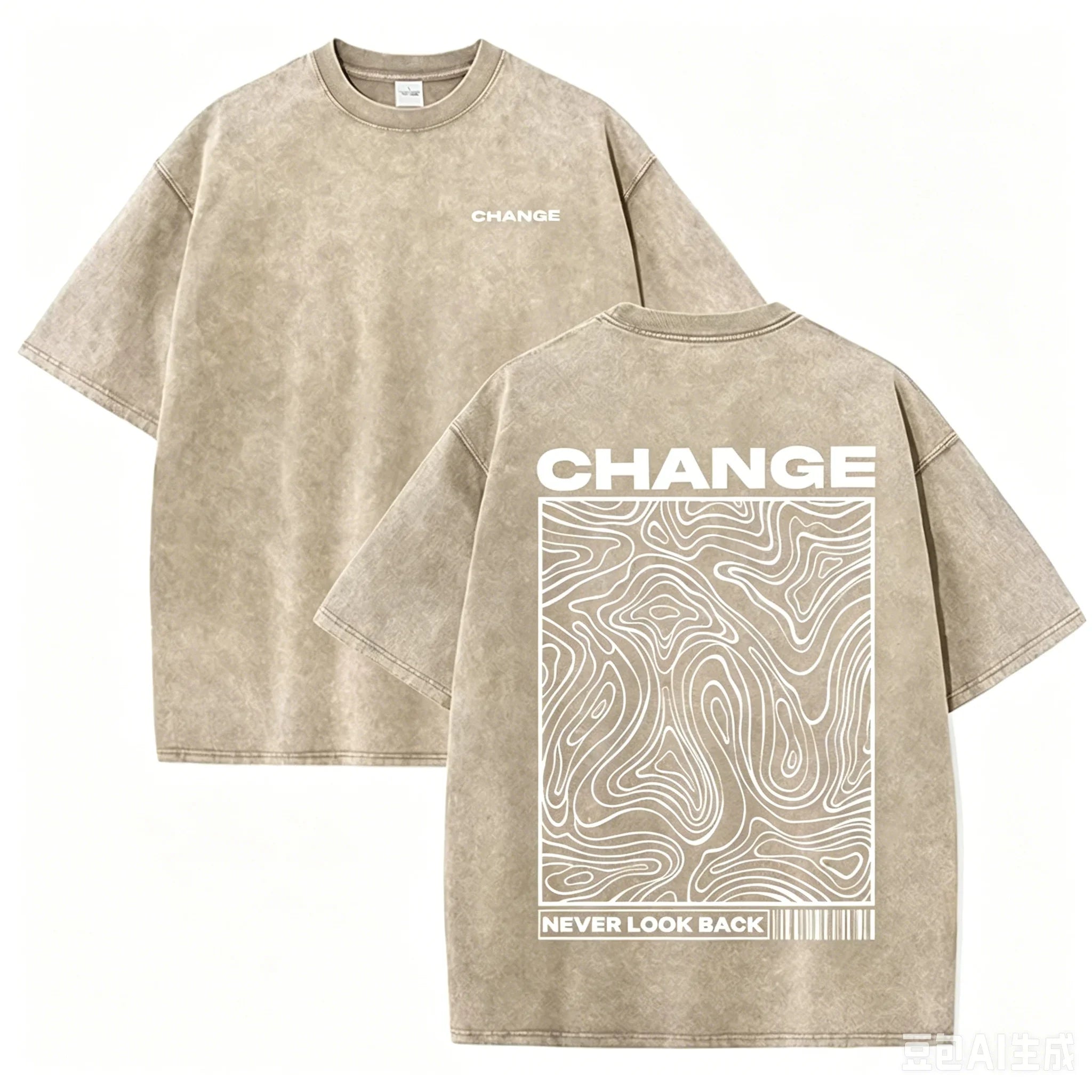 "CHANGE" Topographic Line Art Print Vintage Washed Beige Casual Graphic T Shirt